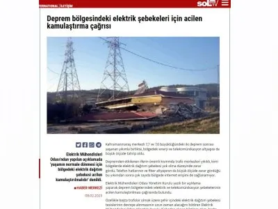DEPREM BÖLGESİNDEKİ ELEKTRİK ŞEBEKELERİ İÇİN ACİLEN KAMULAŞTIRMA ÇAĞRISI (HABER.SOL.ORG.TR)
