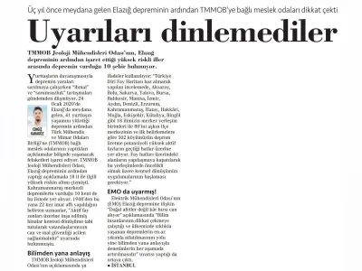 ÜÇ YIL ÖNCE MEYDANA GELEN ELAZIĞ DEPREMİNİN ARDINDAN TMMOB`YE BAĞLI MESLEK ODALARI DİKKAT ÇEKTİ UYARILARI DİNLEMEDİLER (CUMHURİYET)