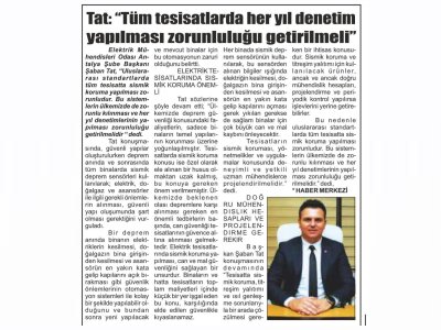 TAT: TÜM TESİSATLARDA HER YIL DENETİM YAPILMASI ZORUNLULUĞU GETİRİLMELİ (TOROS GAZETESİ - 07.03.2023)