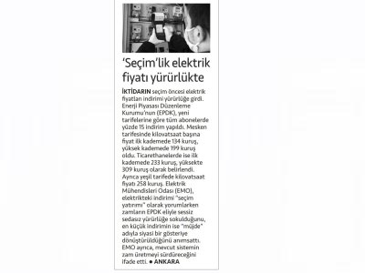 `SEÇİMLİK ELEKTRİK FİYATI YÜRÜRLÜKTE (CUMHURİYET)
