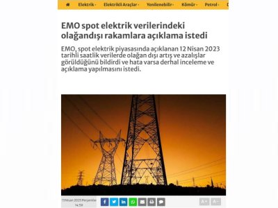 EMO SPOT ELEKTRİK VERİLERİNDEKİ OLAĞANDIŞI RAKAMLARA AÇIKLAMA İSTEDİ (ENERJİGUNLUGU.NET)
