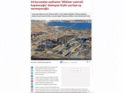 54 KURUMDAN AÇIKLAMA: `NÜKLEER SANTRALİ KAPATACAĞIZ` DEMEYEN HİÇBİR PARTİYE OY VERMEYECEĞİZ (EVRENSEL.NET)