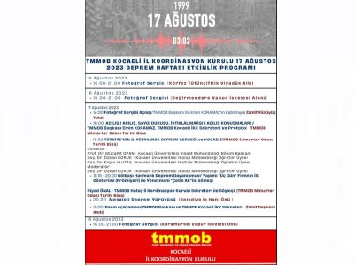 TMMOB KOCAELİ İL KOORDİNASYON KURULU 17 AĞUSTOS 2023 DEPREM HAFTASI ANMA ETKİNLİĞİ PROGRAMI