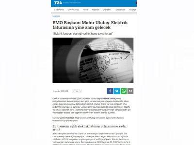 EMO BAŞKANI MAHİR ULUTAŞ: ELEKTRİK FATURASINA YİNE ZAM GELECEK (T24.COM.TR)