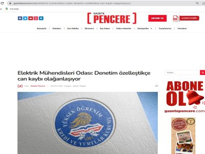 ELEKTRİK MÜHENDİSLERİ ODASI: DENETİM ÖZELLEŞTİKÇE CAN KAYBI OLAĞANLAŞIYOR (GAZETEPENCERE.COM)