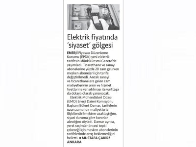 ELEKTRİK FİYATINDA `SİYASET` GÖLGESİ (CUMHURİYET)