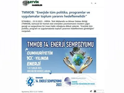 TMMOB: `ENERJİDE TÜM POLİTİKA, PROGRAMLAR VE UYGULAMALAR TOPLUM YARARINI HEDEFLEMELİDİR (ARTVİNHABER.COM.TR)