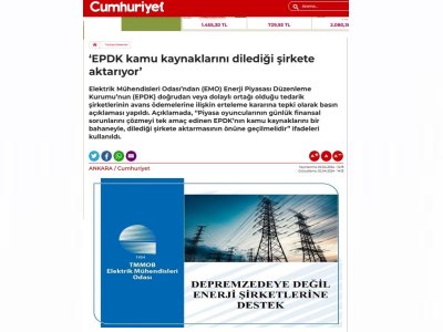 EPDK KAMU KAYNAKLARINI DİLEDİĞİ ŞİRKETE AKTARIYOR (CUMHURİYET.COM.TR)