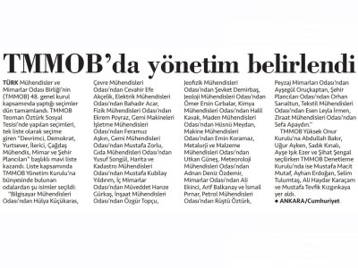 TMMOB`DE YÖNETİM KURULU ÜYELERİ BELİRLENDİ (CUMHURİYET)