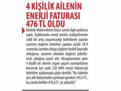4 KİŞİLİK AİLENİN ENERJİ FATURASI 476 TL OLDU (KARAR)