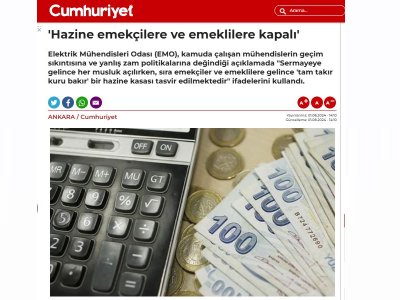 `HAZİNE EMEKÇİLERE VE EMEKLİLERE KAPALI` (CUMHURİYET.COM.TR)