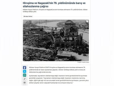 HİROŞİMA VE NAGAZAKİ`NİN 79. YILDÖNÜMÜNDE BARIŞ VE SİLAHSIZLANMA ÇAĞRISI (BİANET.ORG)