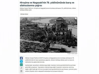 HİROŞİMA VE NAGAZAKİ`NİN 79. YILDÖNÜMÜNDE BARIŞ VE SİLAHSIZLANMA ÇAĞRISI (BİANET.ORG)