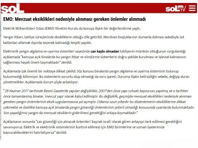 EMO: MEVZUAT EKSİKLİKLERİ NEDENİYLE ALINMASI GEREKEN ÖNLEMLER ALINMADI (HABER.SOL.ORG.TR, 22.01.2025)