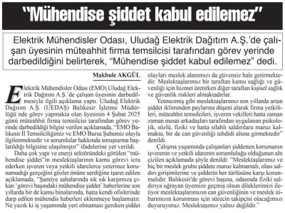 MÜHENDİSE ŞİDDET KABUL EDİLEMEZ (BAŞKENT GAZETESİ, 10.02.2025)