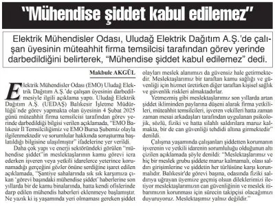 MÜHENDİSE ŞİDDET KABUL EDİLEMEZ (BAŞKENT GAZETESİ, 10.02.2025)