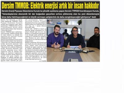 DERSİM TMMOB: ELEKTRİK ENERJİSİ ARTIK BİR İNSAN HAKKIDIR