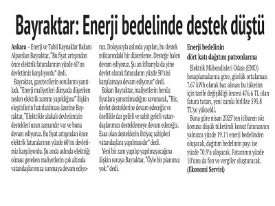 BAYRAKTAR: ENERJİ BELEDİNDE DESTEK DÜŞTÜ (GÜNLÜK EVRENSEL GAZETESİ, 10.04.2025)
