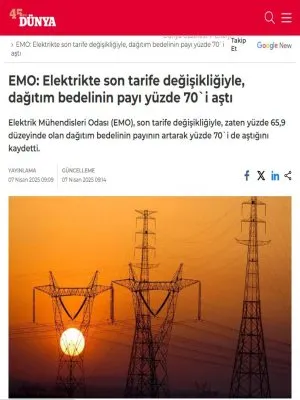 EMO: ELEKTRİKTE SON TARİFE DEĞİŞİKLİĞİYLE, DAĞITIM BEDELİNİN PAYI YÜZDE 70`İ AŞTI (DÜNYA.COM, 07.04.2025)