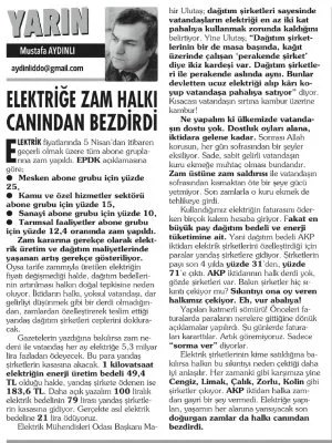 ELEKTRİĞE ZAM HALKI CANINDAN BEZDİRDİ (MUSTAFA AYDINLI - DEVRİM GAZETESİ, 16.04.2025)