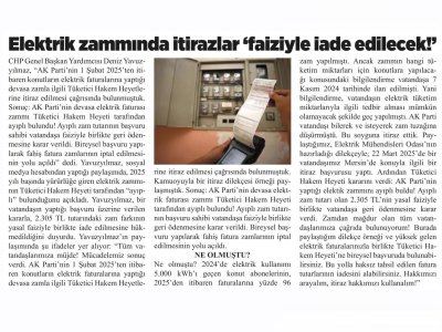 ELEKTRİK ZAMMINDA İTİRAZLAR `FAİZİYLE İADE EDİLECEK!` (GEBZE HÜRSES GAZETESİ, 05.06.2025)