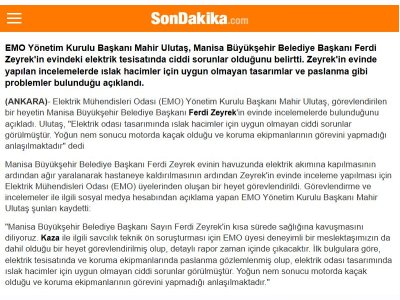 MANİSA BÜYÜKŞEHİR BELEDİYE BAŞKANI FERDİ ZEYREK`İN EVİNİN ELEKTRİK TESİSATINDA SORUNLAR TESPİT EDİLDİ (SONDAKİKA.COM, 08.06.2025)