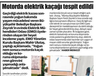 MOTORDA ELEKTRİK KAÇAĞI TESPİT EDİLDİ (MANİSA MANŞET GAZETESİ, 10.06.2025)