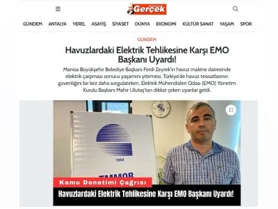 HAVUZLARDAKİ ELEKTRİK TEHLİKESİNE KARŞI EMO BAŞKANI UYARDI! (AKDENİZGERCEK.COM, 12.06.2025)