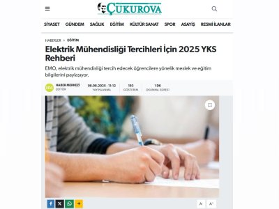 ELEKTRİK MÜHENDİSLİĞİ TERCİHLERİ İÇİN 2025 YKS REHBERİ (ÇUKUROVAGAZETESİ.COM, 08.08.2025)